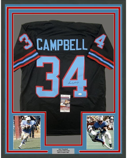 Framed Autographed/Signed Earl Campbell 35x39 Houston Black Football Jersey Beckett BAS COA