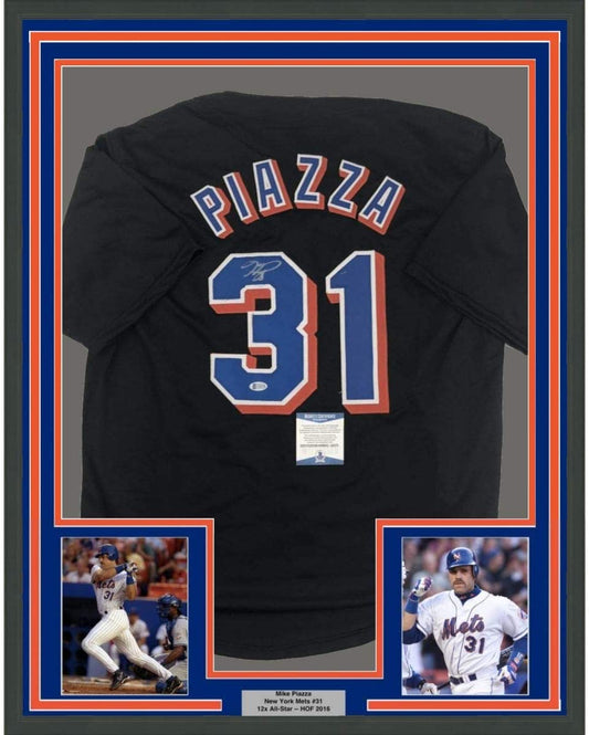 Framed Autographed/Signed Mike Piazza 35x39 New York NY Black Baseball Jersey Beckett BAS COA