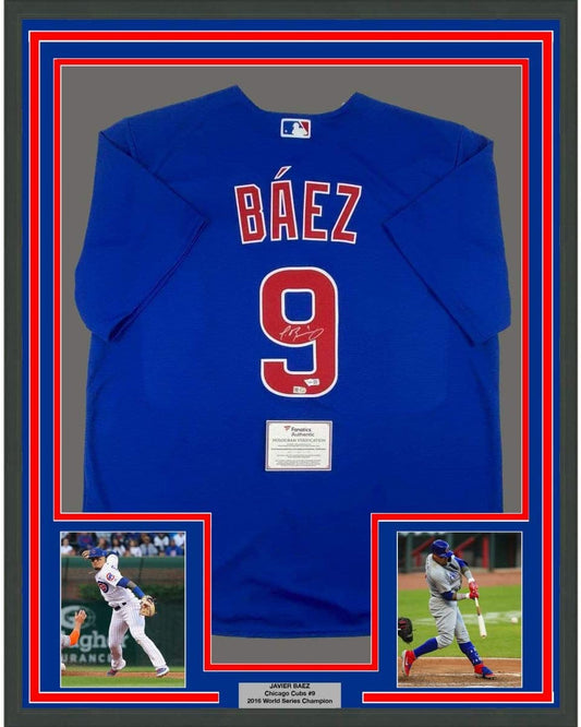Framed Autographed/Signed Javier Baez 35x39 Chicago Cubs Blue Authentic Nike Baseball Jersey Fanatics COA