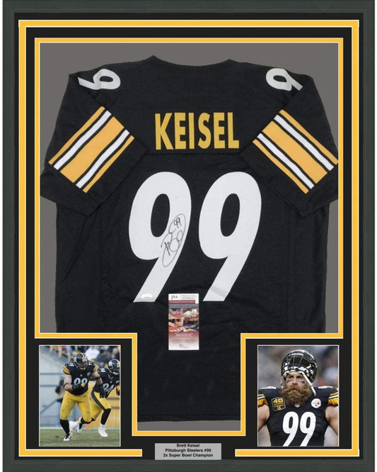 Framed Autographed/Signed Brett Keisel 35x39 Pittsburgh Black Football Jersey JSA COA