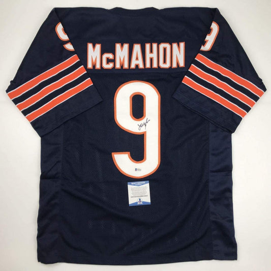 Autographed/Signed Jim McMahon Chicago Blue Football Jersey Beckett BAS COA