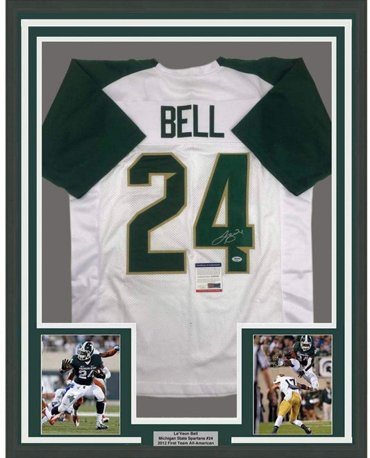 Framed Autographed/Signed LeVeon Le'Veon Bell 35x39 Michigan State White College Football Jersey PSA/DNA COA