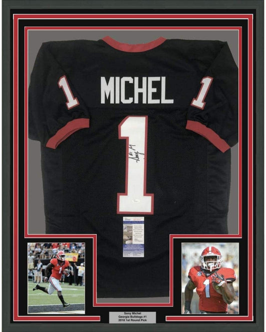 Framed Autographed/Signed Sony Michel 35x39 Georgia Black College Football Jersey JSA COA
