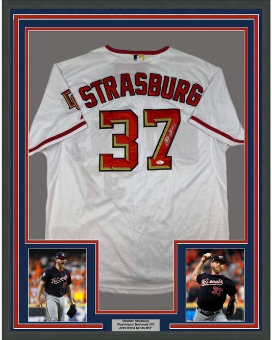 Framed Autographed/Signed Stephen Strasburg 35x39 Washington White Baseball Jersey JSA COA Holo Only
