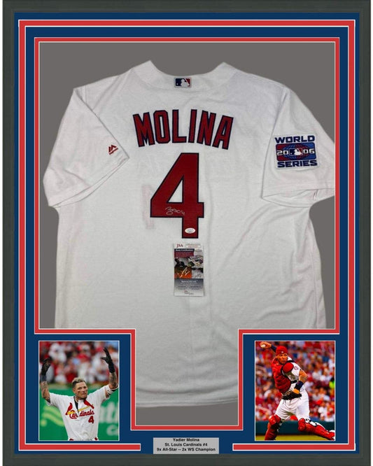 Framed Autographed/Signed Yadier Molina 35x39 St. Louis White Baseball Jersey JSA COA