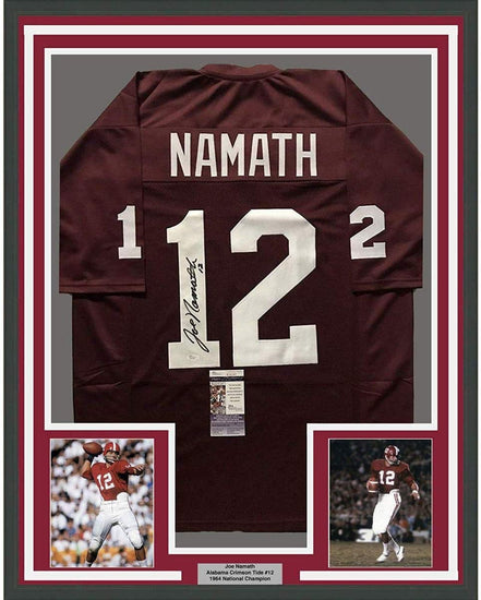 Framed Autographed/Signed Joe Namath 35x39 Alabama Crimson Tide Red College Football Jersey JSA COA