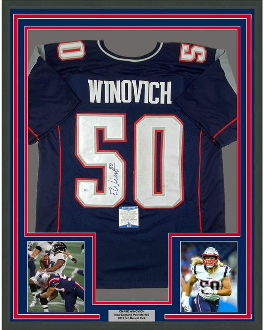 Framed Autographed/Signed Chase Winovich 35x39 New England Blue Football Jersey Beckett BAS COA