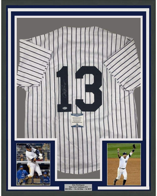 Framed Autographed/Signed Alex Rodriguez 35x39 New York Pinstripe Baseball Jersey Beckett BAS COA