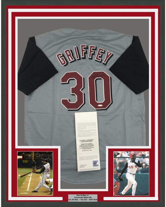 Framed Autographed/Signed Ken Griffey Jr. 35x39 Cincinnati Grey Baseball Jersey Upper Deck UDA COA
