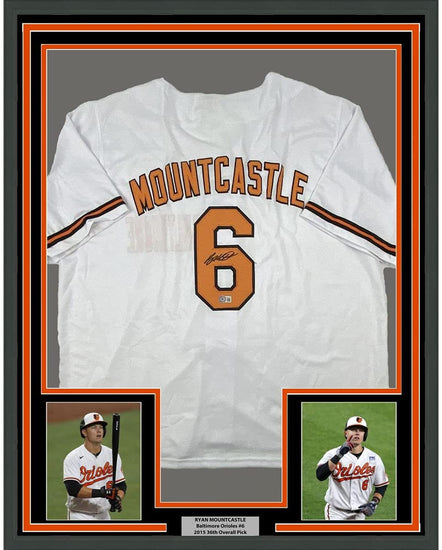 Framed Autographed/Signed Ryan Mountcastle 35x39 Baltimore White Baseball Jersey Beckett BAS COA
