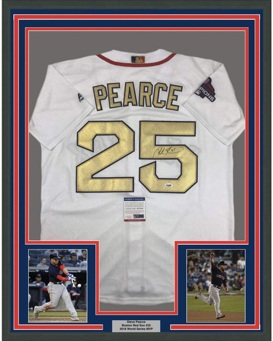 Framed Autographed/Signed Steve Pearce 35x39 Boston World Series MVP White Baseball Jersey PSA/DNA COA