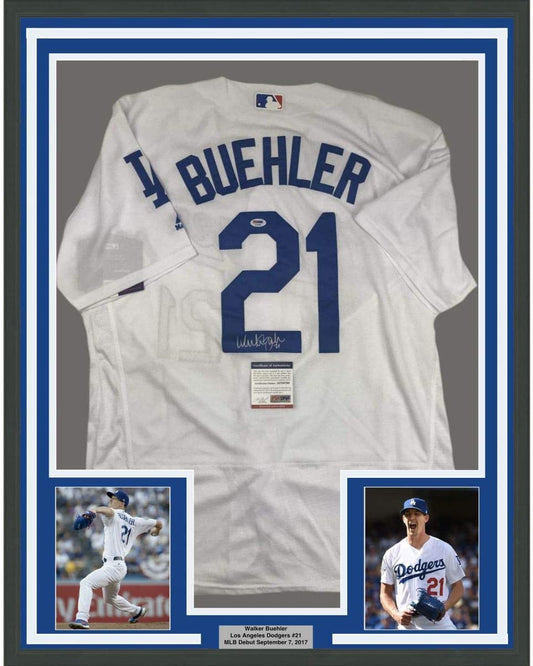 Framed Autographed/Signed Walker Buehler 35x39 Los Angeles LA White Baseball Jersey PSA/DNA COA