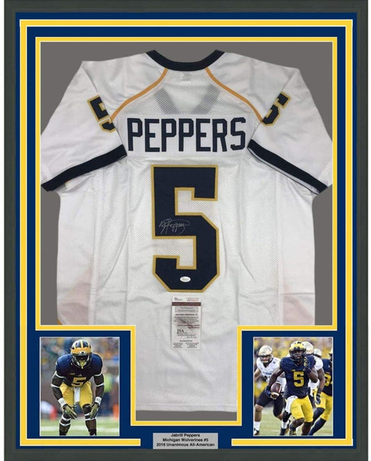Framed Autographed/Signed Jabrill Peppers 35x39 Michigan White College Football Jersey JSA COA