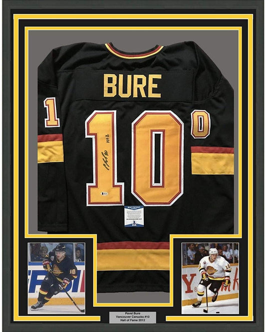 Framed Autographed/Signed Pavel Bure"HOF 12" 35x39 Vancouver Canucks Black Hockey Jersey Beckett BAS COA