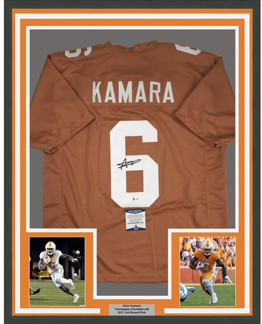 Framed Autographed/Signed Alvin Kamara 35x39 Tennessee Orange College Football Jersey Beckett BAS COA