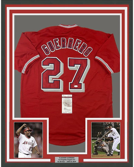 Framed Autographed/Signed Vladimir Vlad Guerrero 35x39 Los Angeles LA Anaheim Red Baseball Jersey JSA COA