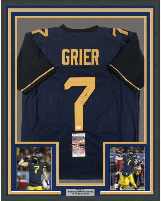 Framed Autographed/Signed Will Grier 35x39 West Virginia Blue College Football Jersey JSA COA