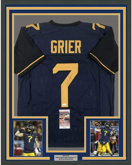 Framed Autographed/Signed Will Grier 35x39 West Virginia Blue College Football Jersey JSA COA
