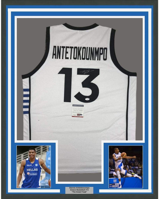 Framed Autographed/Signed Giannis Antetokounmpo 35x39 Greek Greece White Basketball Jersey PSA/DNA COA