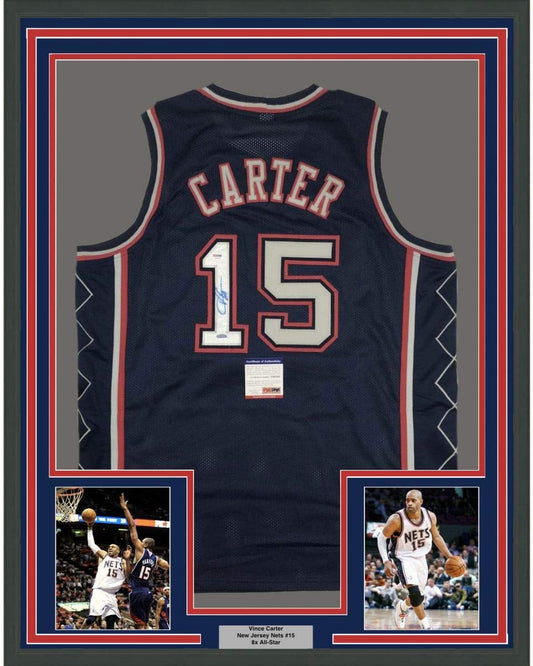 Framed Autographed/Signed Vince Carter 35x39 New Jersey NJ Blue Basketball Jersey PSA/DNA COA