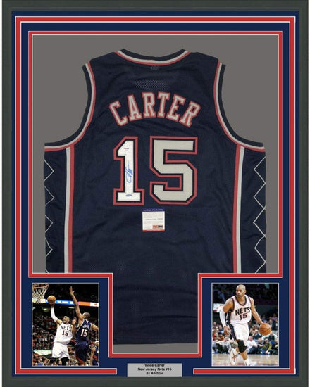 Framed Autographed/Signed Vince Carter 35x39 New Jersey NJ Blue Basketball Jersey PSA/DNA COA