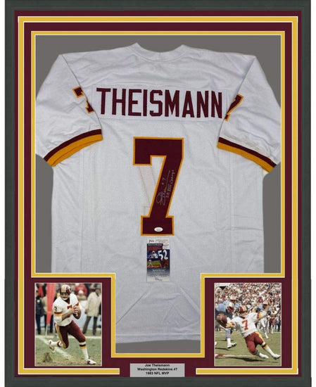 Framed Autographed/Signed Joe Theismann SB XVII Champs 35x39 Washington White Football Jersey JSA COA