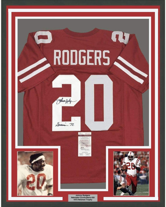 Framed Autographed/Signed Johnny Rodgers Heisman 72 35x39 Nebraska Cornhuskers Red Football Jersey JSA COA