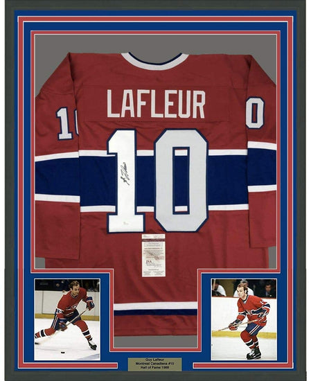 Framed Autographed/Signed Guy LaFleur 35x39 Montreal Red Hockey Jersey JSA COA
