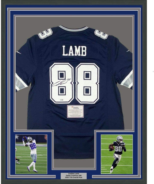 Framed Autographed/Signed CeeDee Lamb 35x39 Dallas Cowboys Blue Authentic Nike Game Football Jersey Fanatics COA