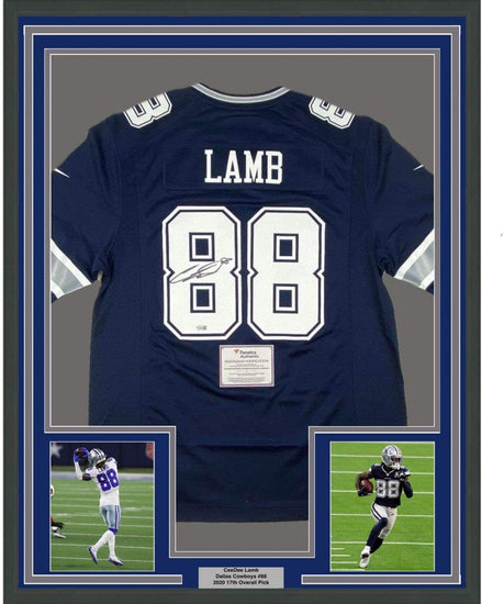 Framed Autographed/Signed CeeDee Lamb 35x39 Dallas Cowboys Blue Authentic Nike Game Football Jersey Fanatics COA
