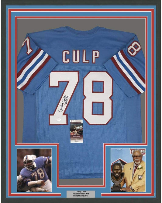 Framed Autographed/Signed Curley Culp HOF 13 35x39 Houston Blue Football Jersey JSA COA