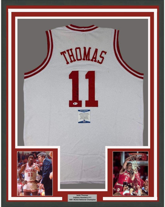 Framed Autographed/Signed Isiah Thomas 35x39 Indiana White Basketball Jersey Beckett BAS COA