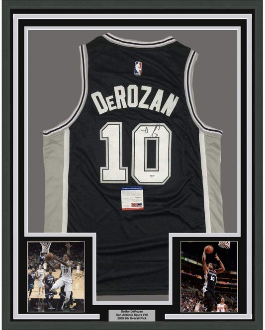 Framed Autographed/Signed DeMar DeRozan 35x39 San Antonio Black Basketball Jersey PSA/DNA COA