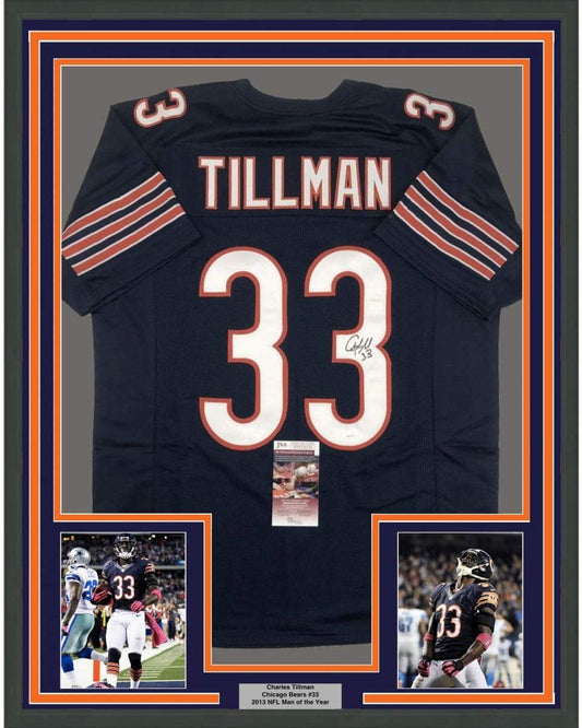 Framed Autographed/Signed Charles Tillman Peanut 35x39 Chicago Blue Football Jersey JSA COA
