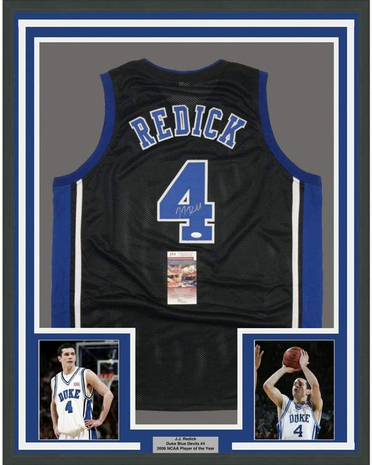 Framed Autographed/Signed JJ J.J. Redick 35x39 Duke Black College Basketball Jersey JSA COA