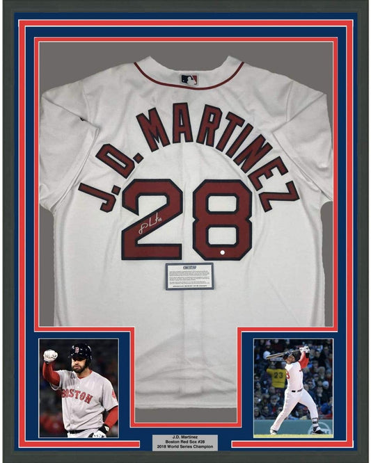 Framed Autographed/Signed JD J.D. Martinez 35x39 Boston White Baseball Jersey Steiner Sports COA
