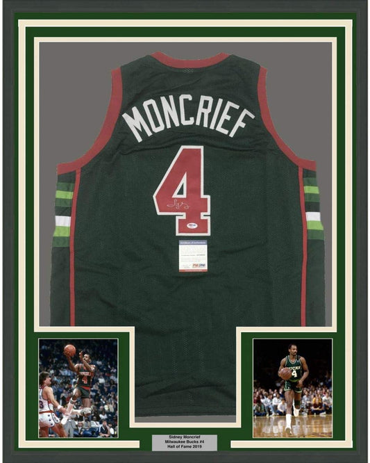 Framed Autographed/Signed Sidney Moncrief 35x39 Milwaukee Green/Red Basketball Jersey PSA/DNA COA