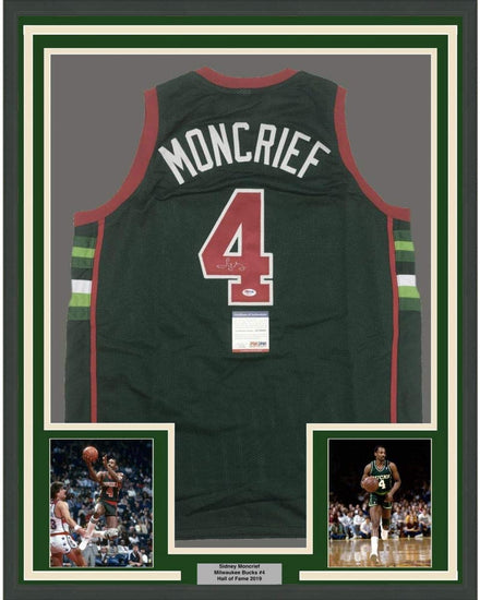 Framed Autographed/Signed Sidney Moncrief 35x39 Milwaukee Green/Red Basketball Jersey PSA/DNA COA