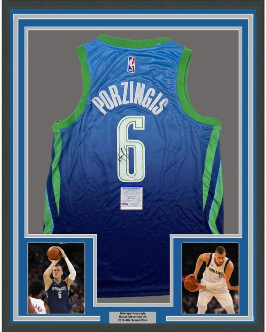 Framed Autographed/Signed Kristaps Porzingis 35x39 Dallas Blue Basketball Jersey PSA/DNA COA