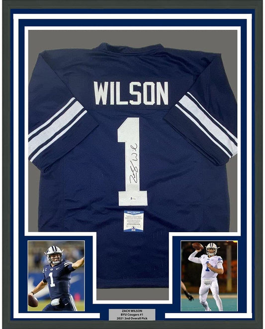Framed Autographed/Signed Zach Wilson 35x39 BYU Blue College Football Jersey Beckett BAS COA