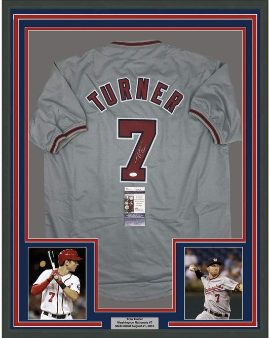 Framed Autographed/Signed Trea Turner 35x39 Washington Grey Baseball Jersey JSA COA