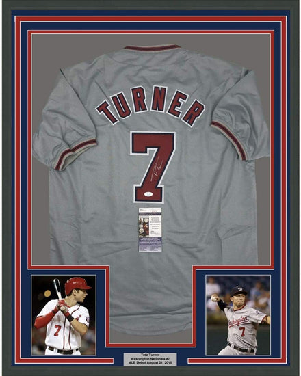 Framed Autographed/Signed Trea Turner 35x39 Washington Grey Baseball Jersey JSA COA