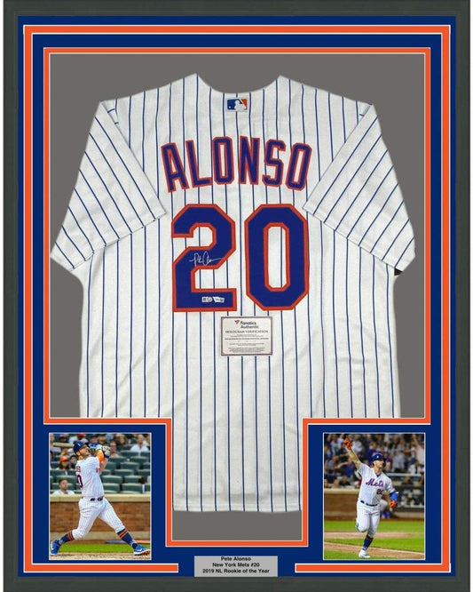 Framed Autographed/Signed Pete Alonso 35x39 New York Mets Authentic Pinstripe Nike Baseball Jersey Fanatics COA