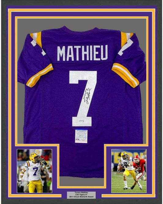 Framed Autographed/Signed Tyrann Mathieu Inscribed Honey Badger 35x39 LSU Purple College Football Jersey PSA/DNA COA