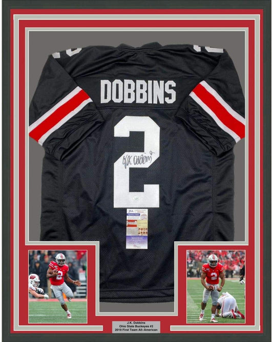 Framed Autographed/Signed JK J.K. Dobbins 35x39 Ohio State Black College Football Jersey JSA COA