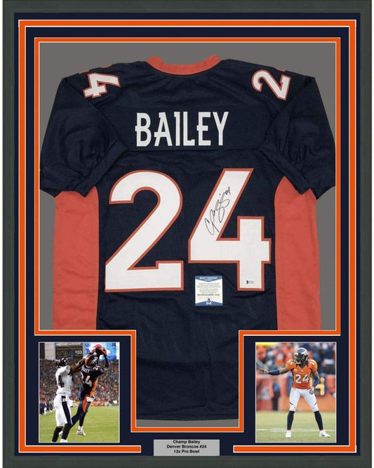 Framed Autographed/Signed Champ Bailey 35x39 Denver Blue Football Jersey Beckett BAS COA