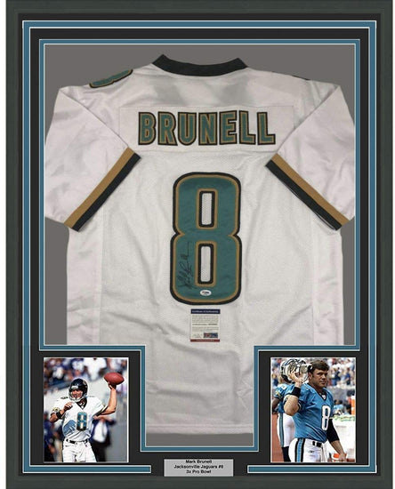 Framed Autographed/Signed Mark Brunell 35x39 Jacksonville White Football Jersey PSA/DNA COA