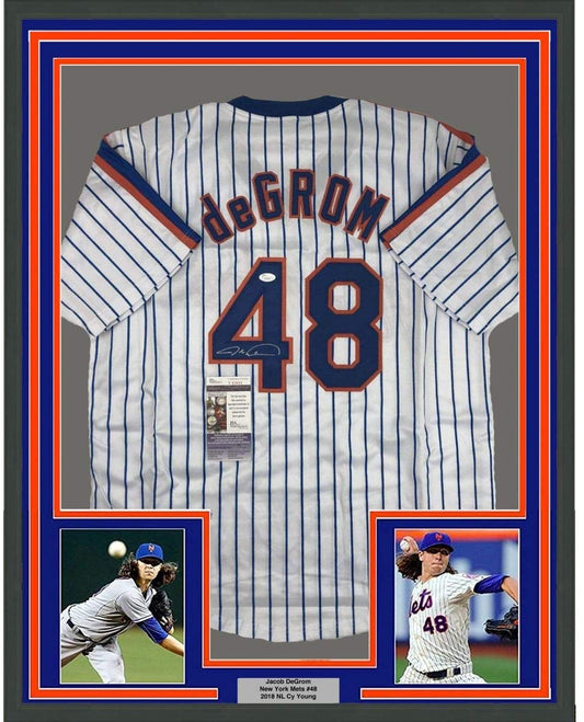 Framed Autographed/Signed Jacob DeGrom 35x39 New York NY Pinstripe Baseball Jersey JSA COA