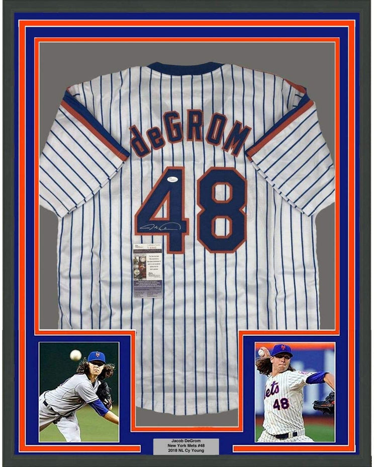 Framed Autographed/Signed Jacob DeGrom 35x39 New York NY Pinstripe Baseball Jersey JSA COA