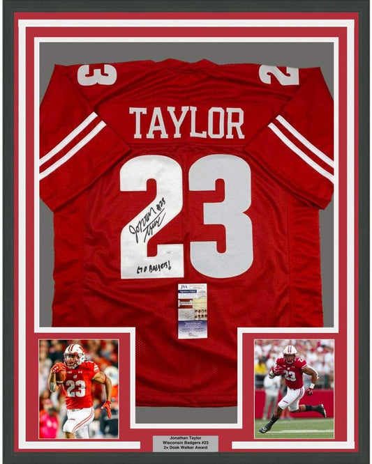 Framed Autographed/Signed Jonathan Taylor Inscribed 35x39 Wisconsin Red College Football Jersey JSA COA